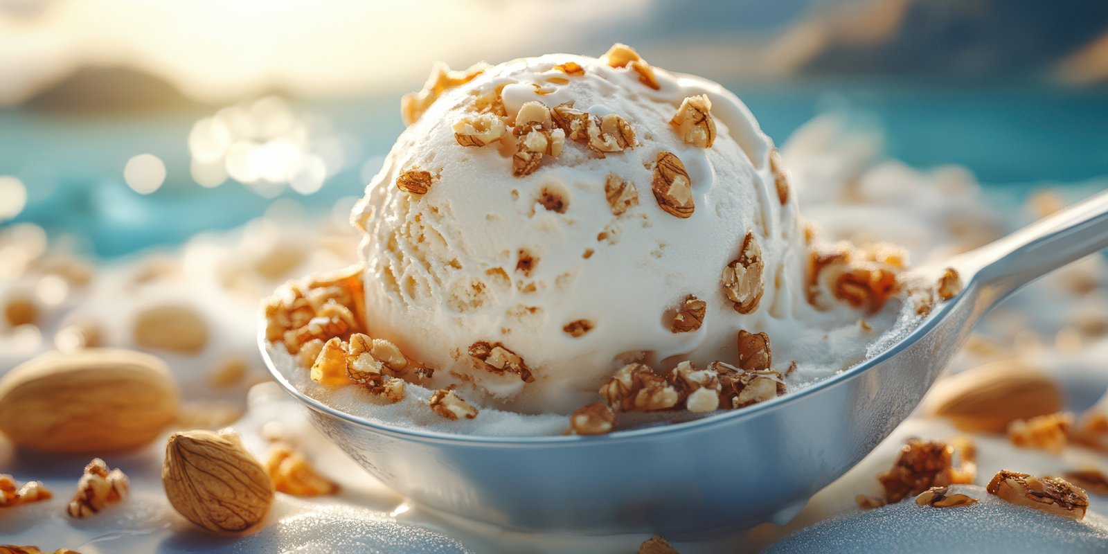 Delicious scoop of ice cream with crunchy toppings rests on a spoon under a warm sunlit sky